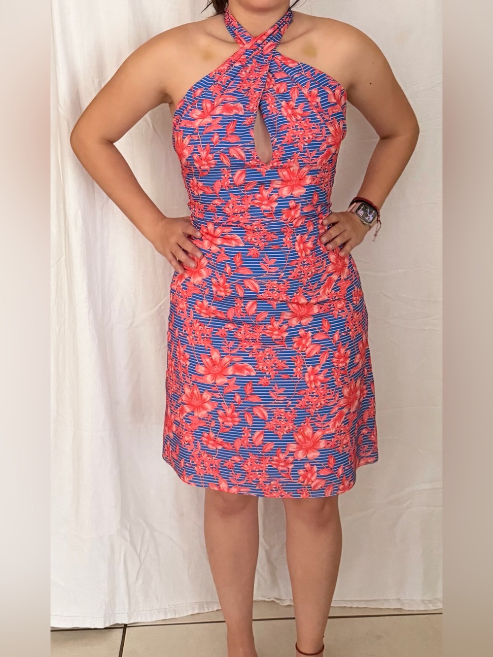 Badgley Mischka Blue and Coral Floral Dress